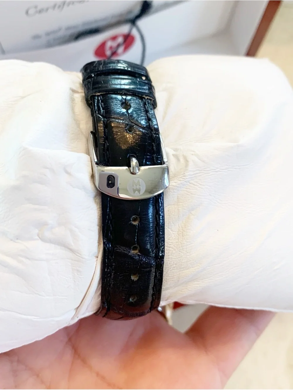 Michele Silver Crystal-Trim Watch with Black Leather Strap